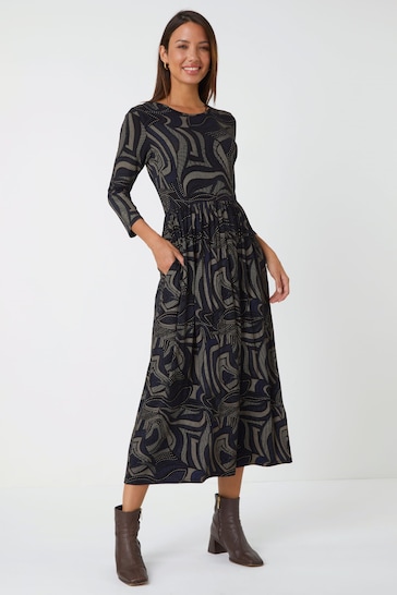 Roman Black Abstract Pocket Stretch Midi Dress