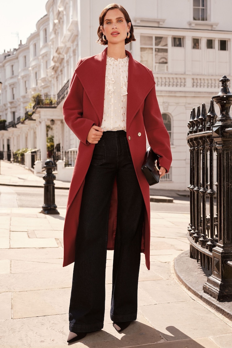 Love & Roses Red Petite Shawl Collar Belted Coat - Image 1 of 4