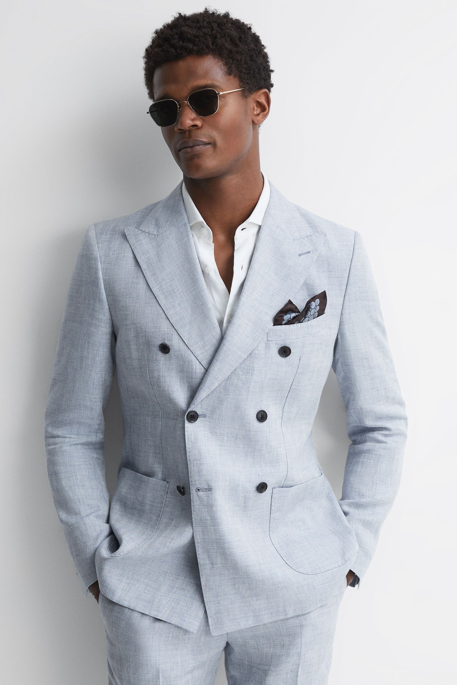 Buy Reiss Soft Blue Lagoon Slim Fit Double Breasted Linen Herringbone Blazer from the Next UK online shop
