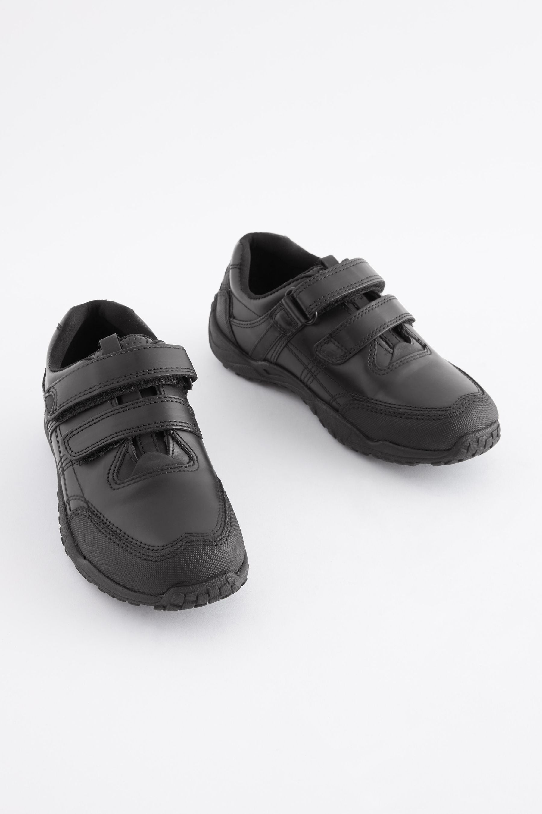 Black Standard Fit F School Leather Double Strap Shoes