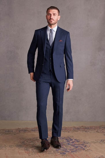 Bright Blue Slim Fit Signature Tollegno Suit: Waistcoat
