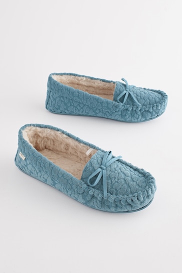 Blue Towelling Moccasins Slippers