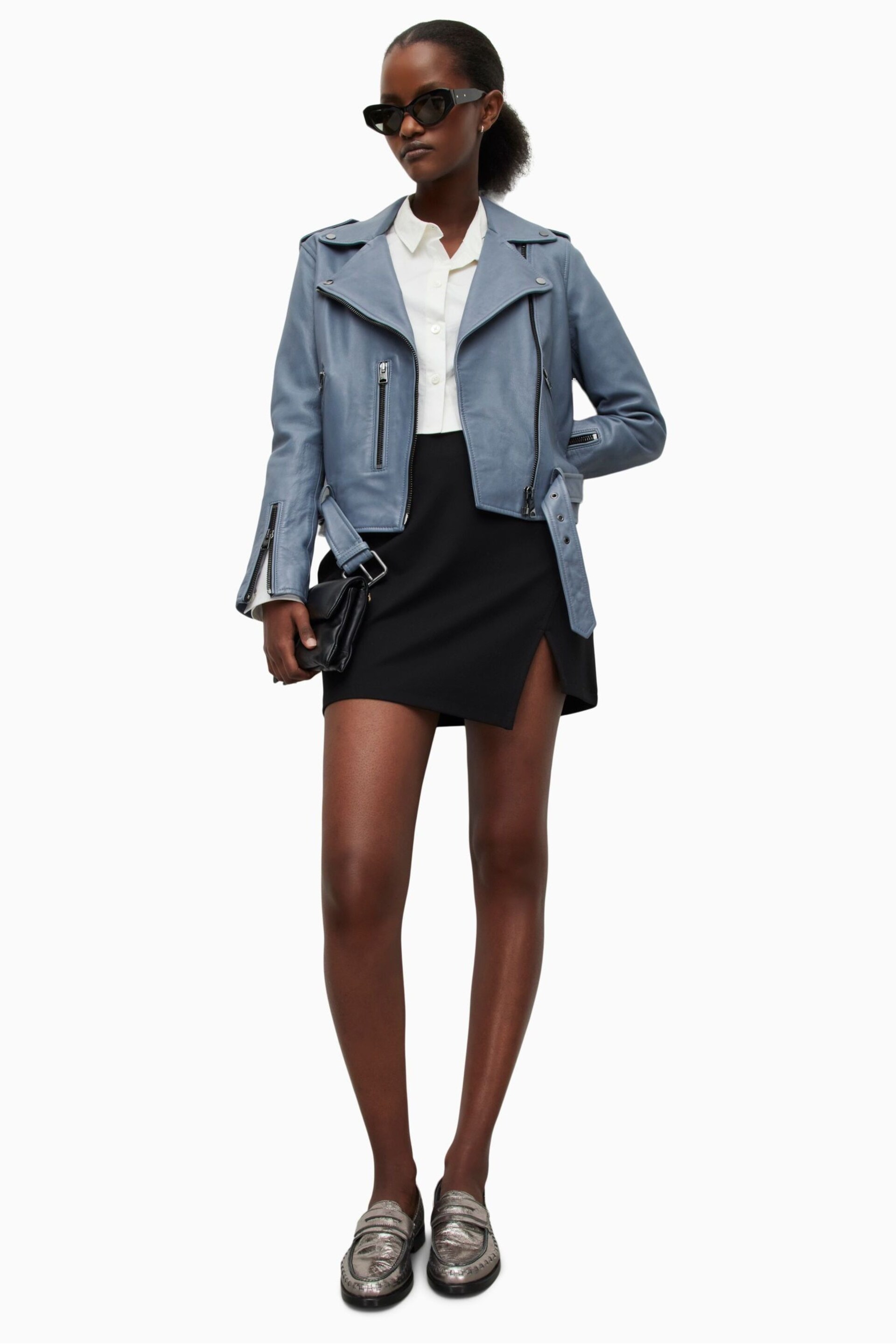 AllSaints Blue Balfern Biker Jacket - Image 3 of 8