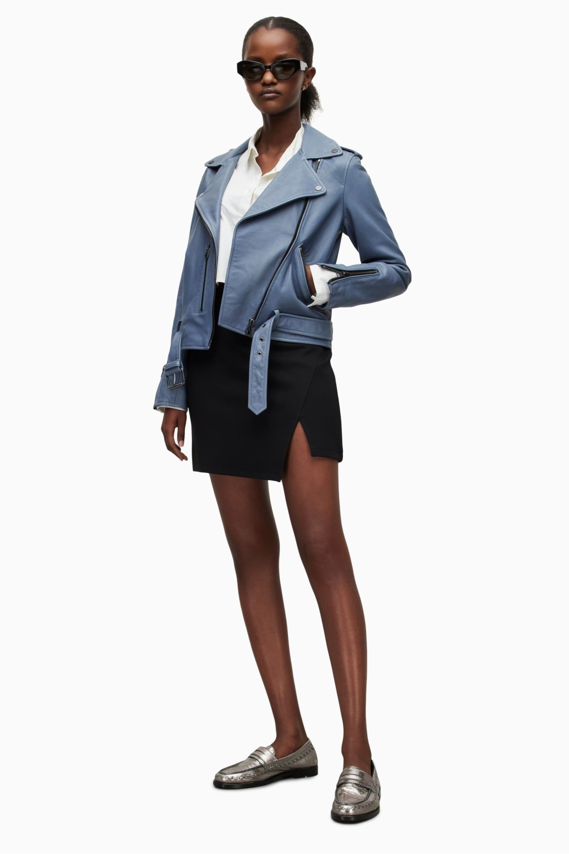 AllSaints Blue Balfern Biker Jacket - Image 4 of 8