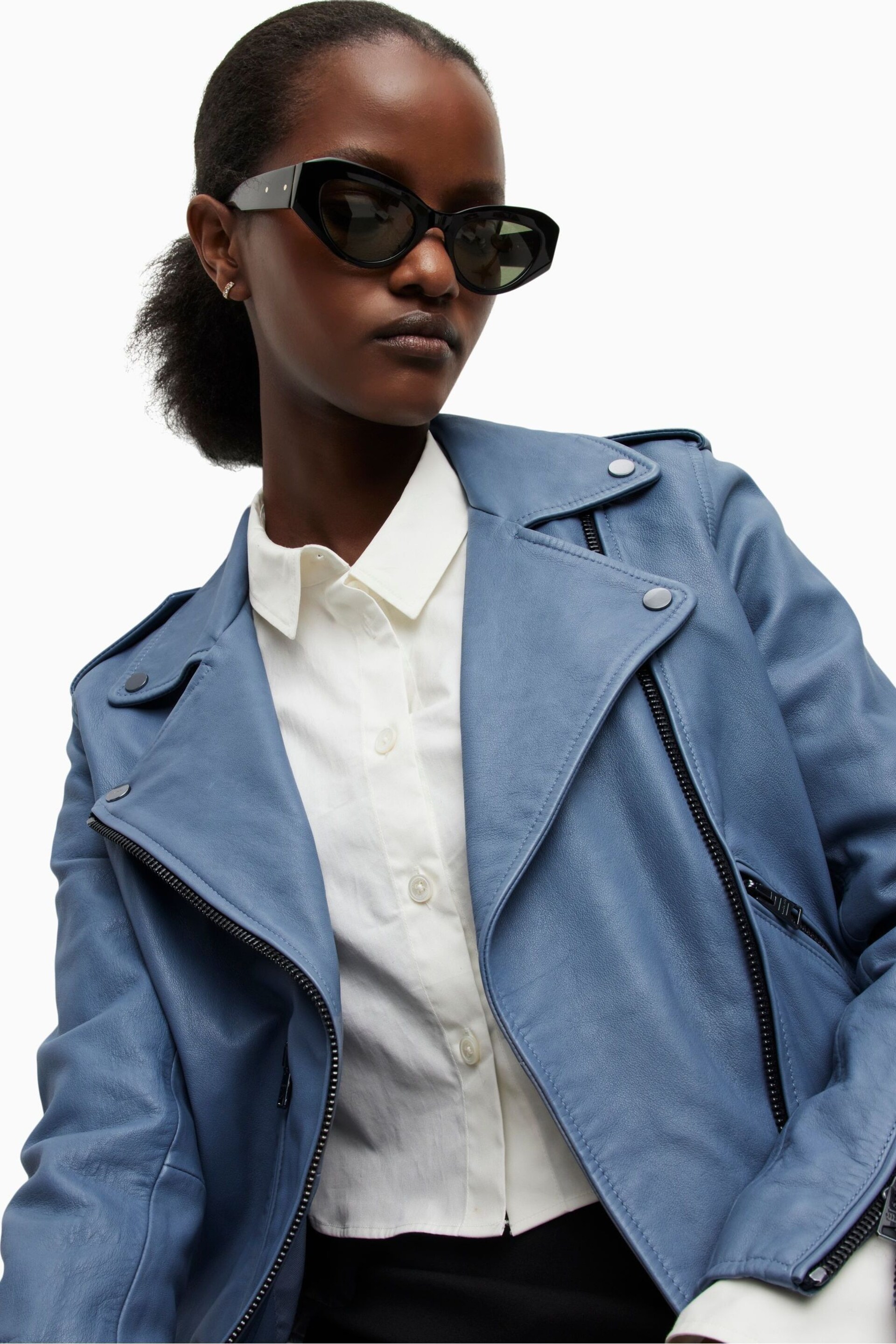 AllSaints Blue Balfern Biker Jacket - Image 5 of 8