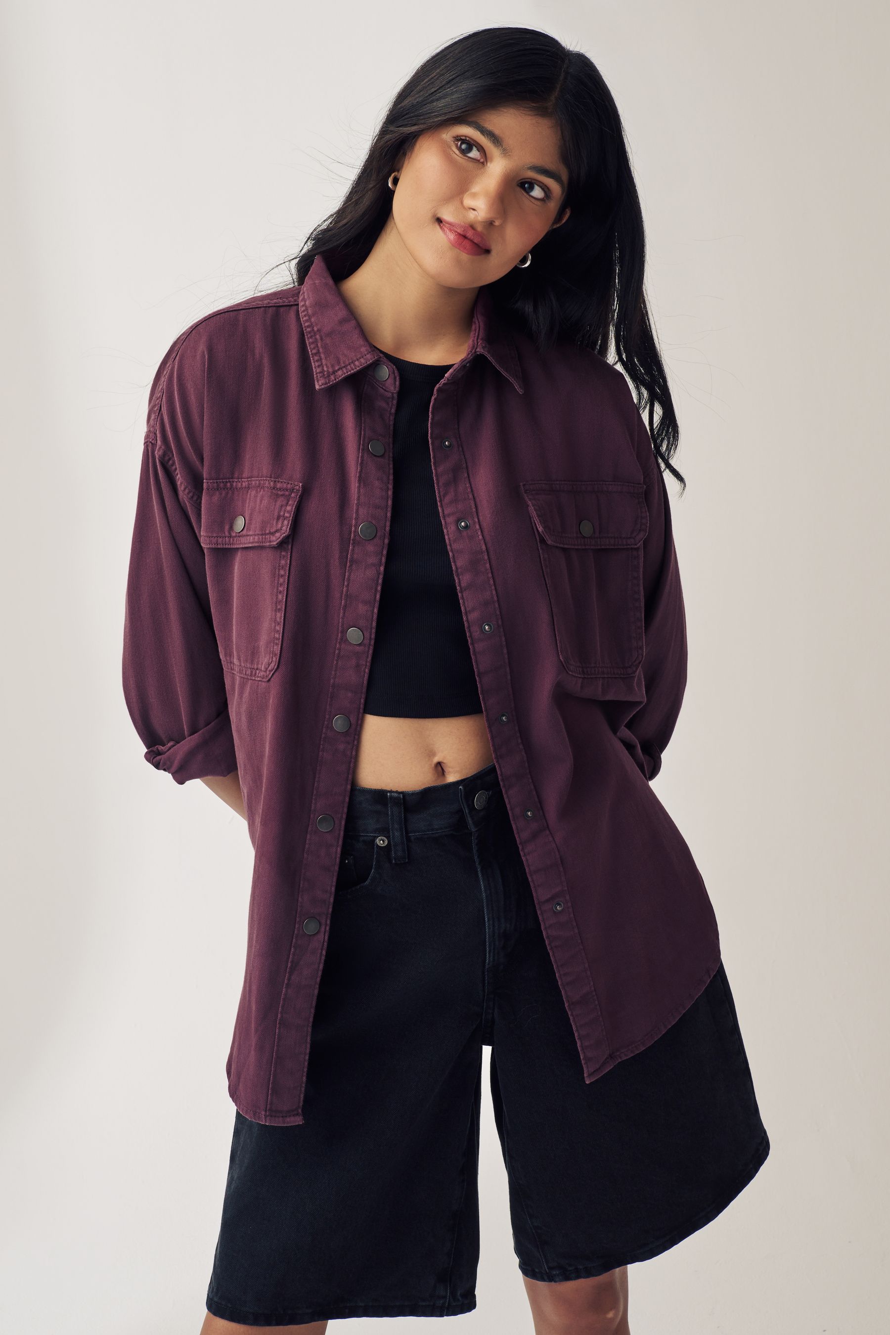 Burgundy Red Print Oversized Denim 100 Cotton Shirt