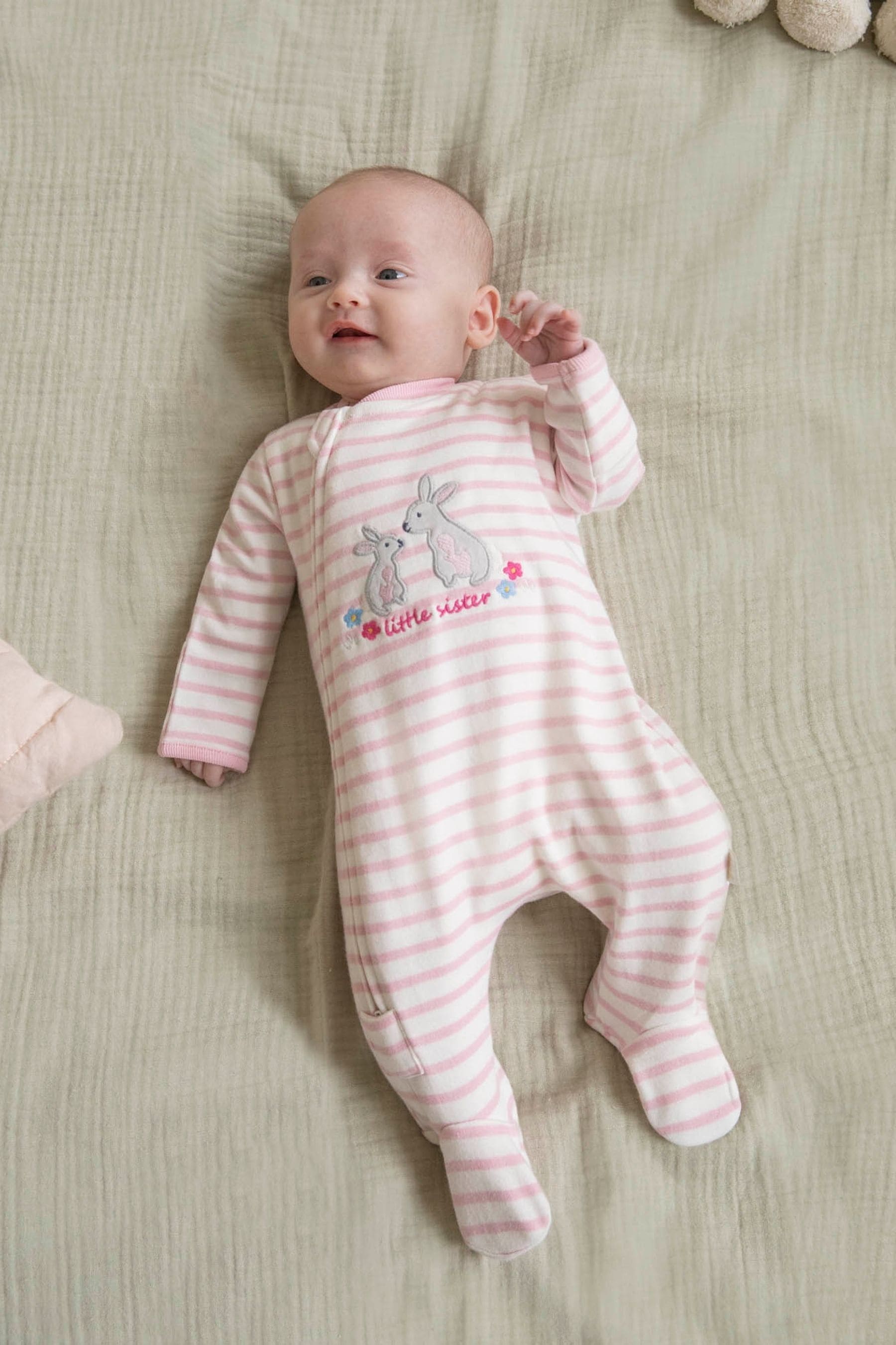 JoJo Maman B b Pink Little Sister Embroidered Zip Sleepsuit