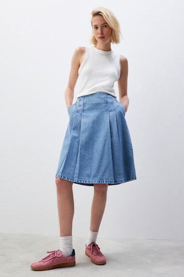 Mid Blue Pleated Knee Length Denim Skirt