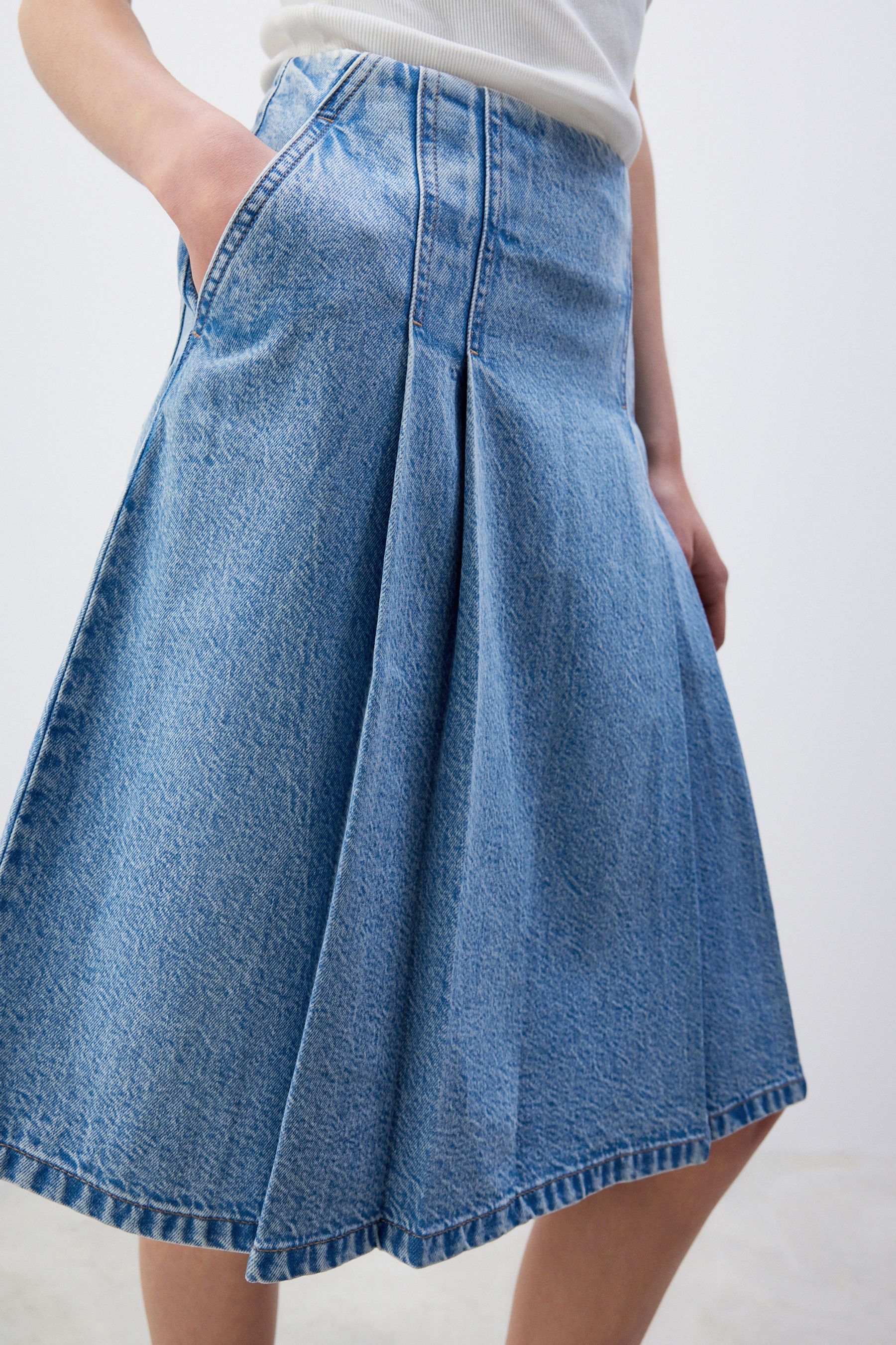 Buy Mid Blue Pleated Knee Length Denim Skirt from the Next UK online shop