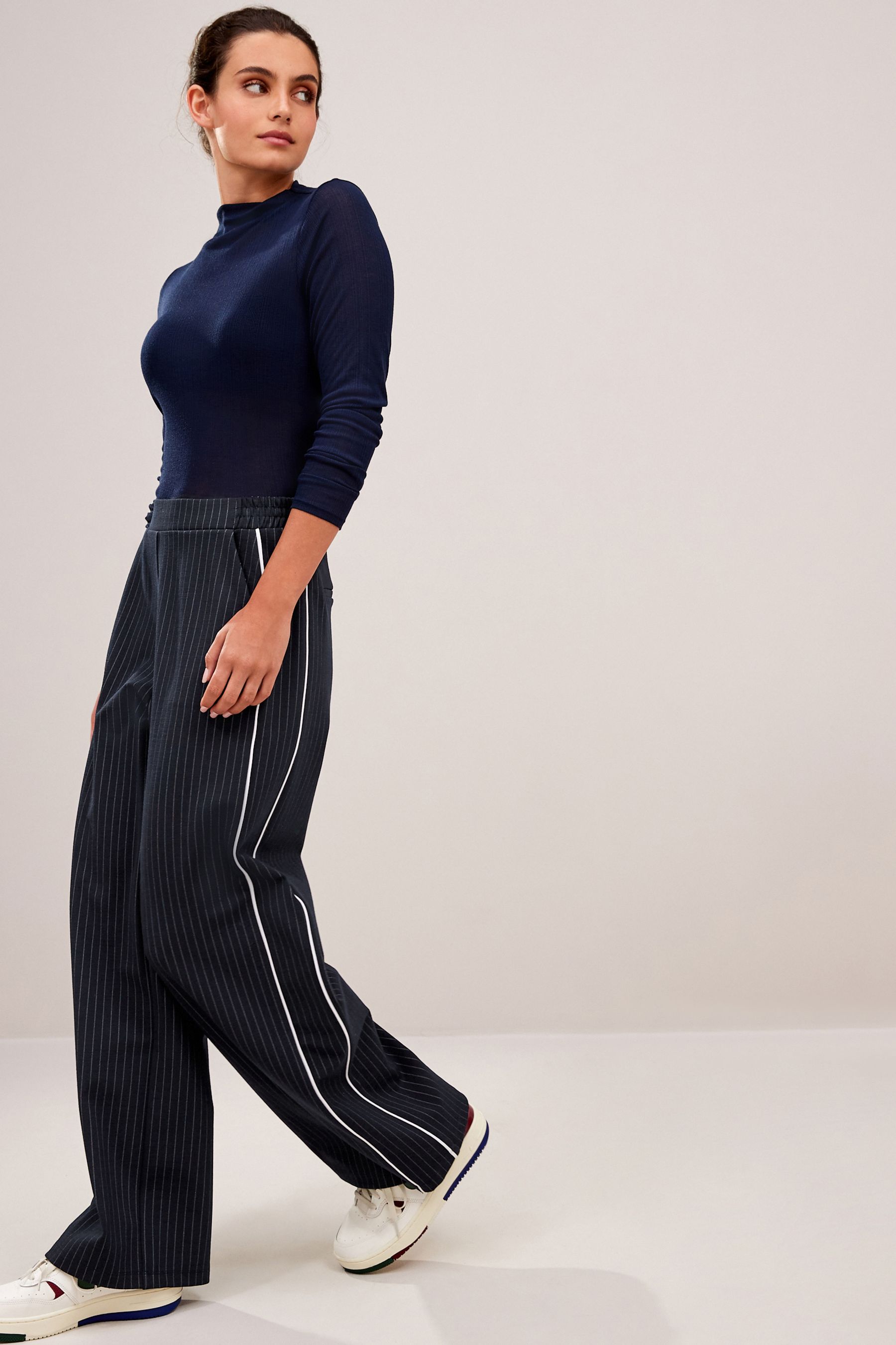 Navy jersey wide leg trousers 2025