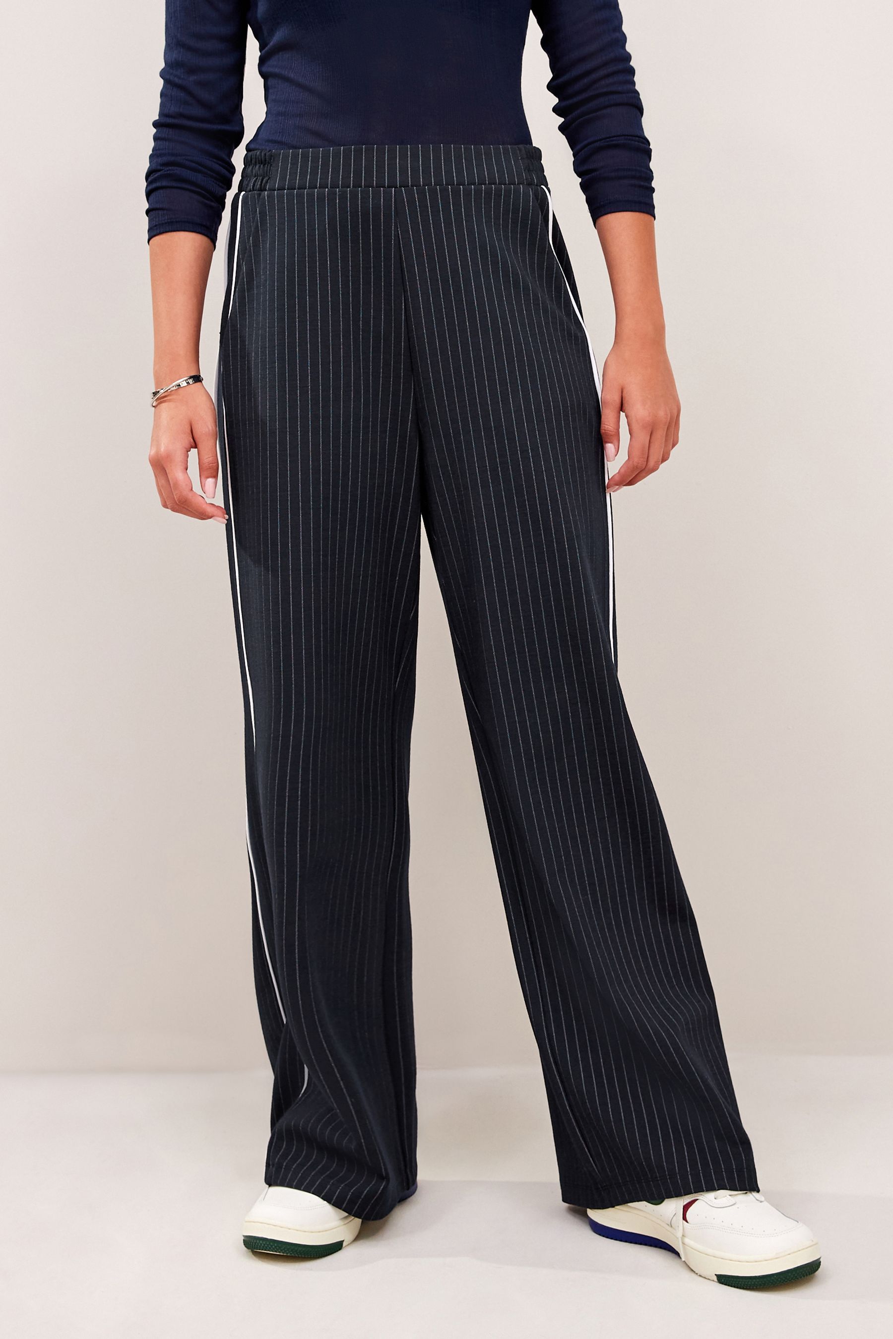 Buy Navy Jersey Wide Leg Side Stripe Trousers from the Next UK