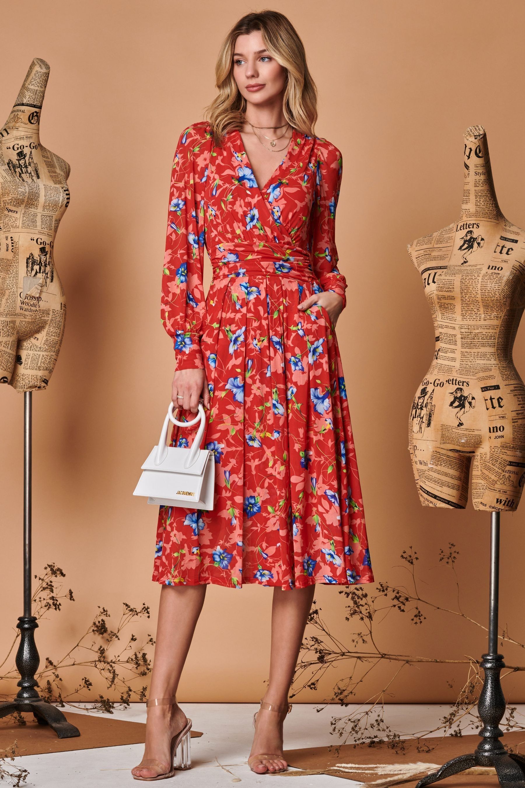 Red floral midi dress with sleeves on sale