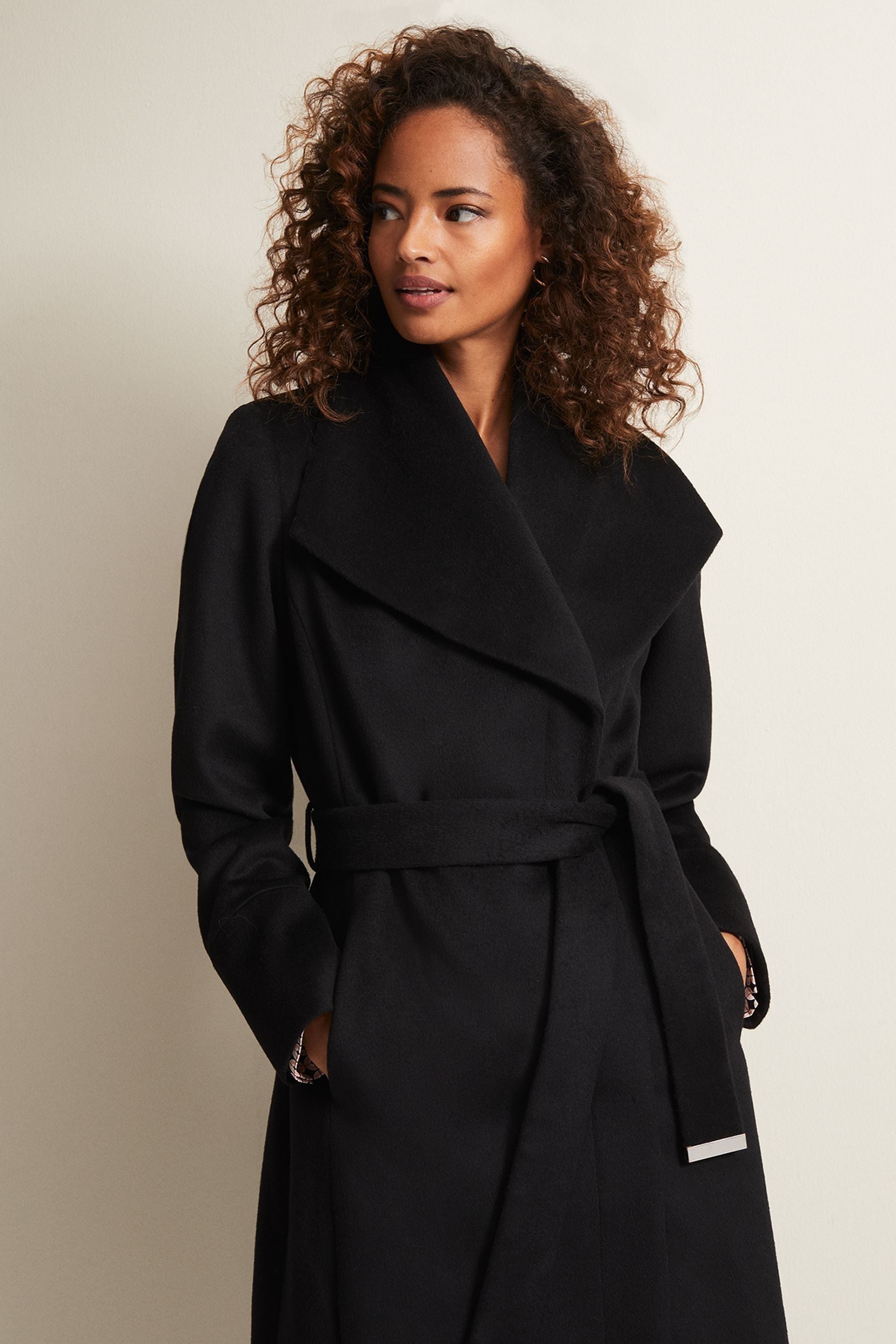 Black wrap wool coat womens top