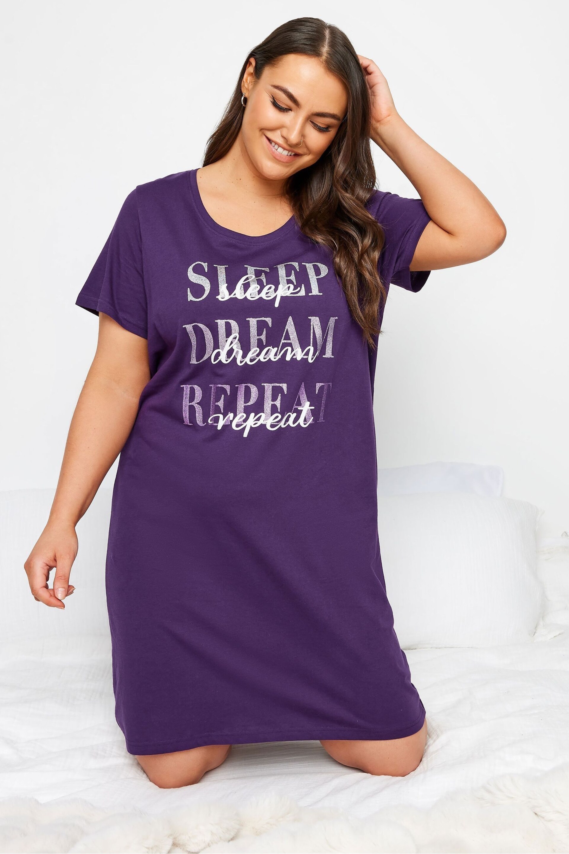 Yours Curve Purple Sleep Dream Repeat Dipped Back Nightdress - Image 1 of 4