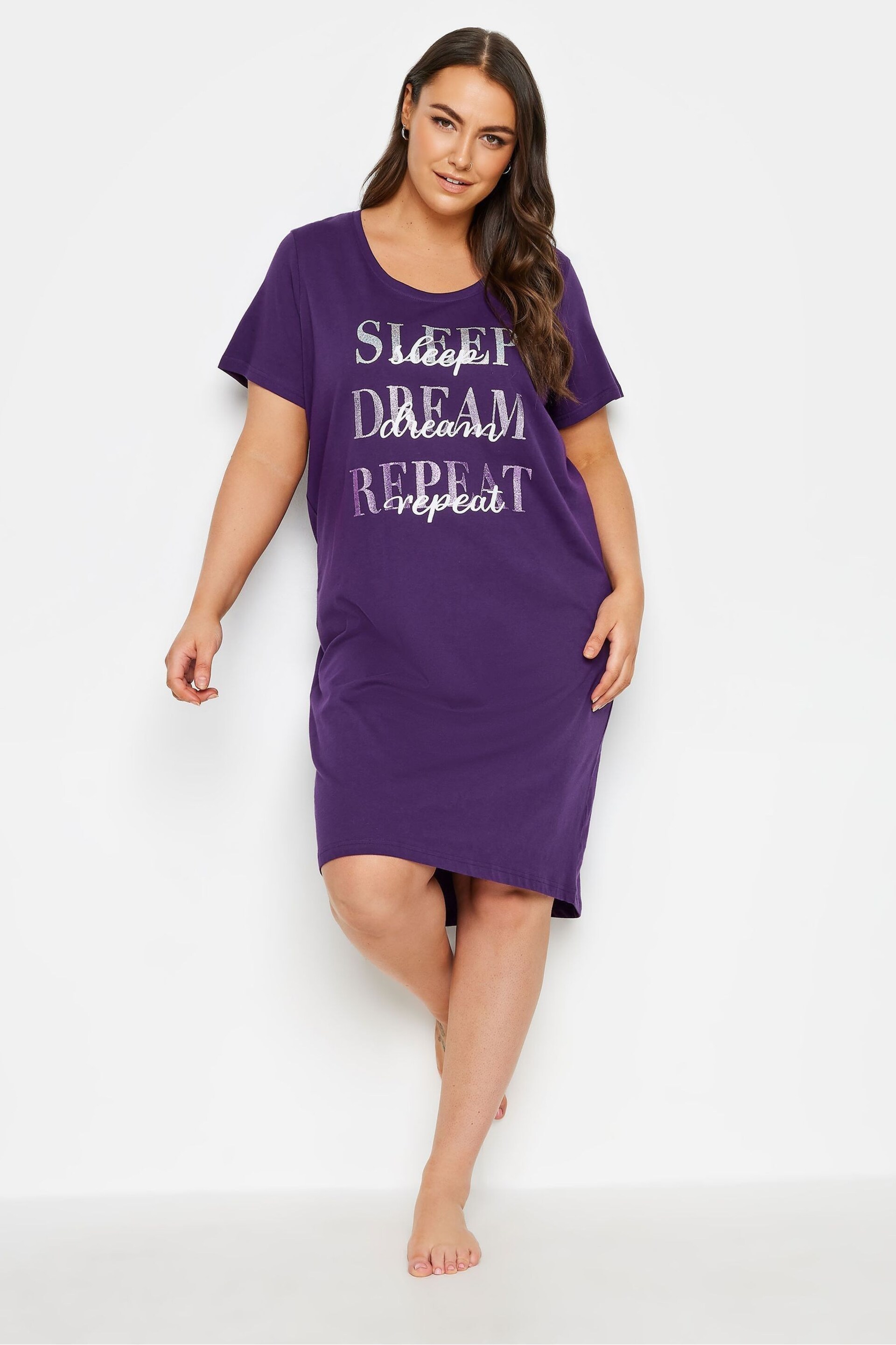 Yours Curve Purple Sleep Dream Repeat Dipped Back Nightdress - Image 3 of 4