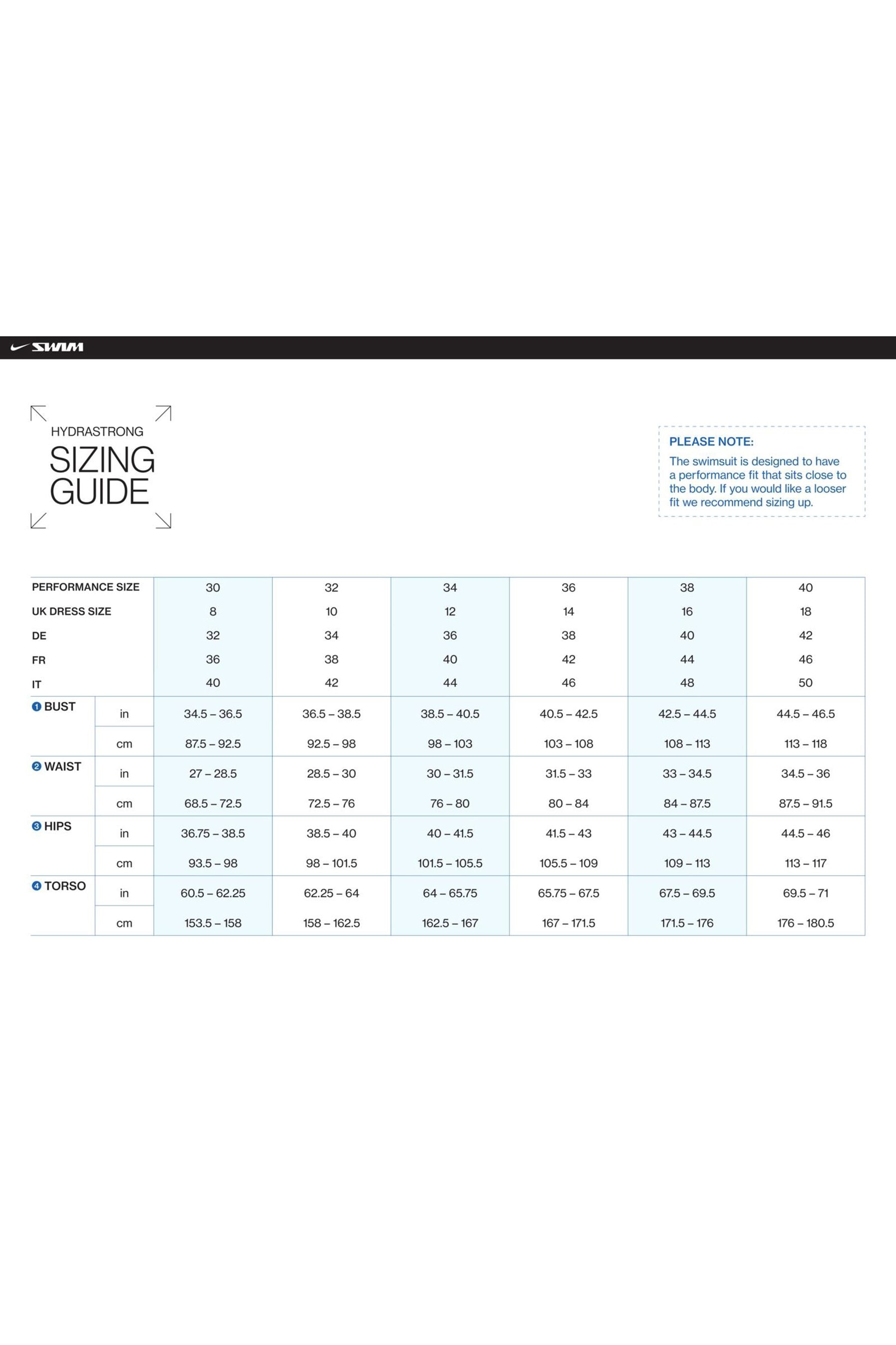 Nike women's bathing suit size chart deals
