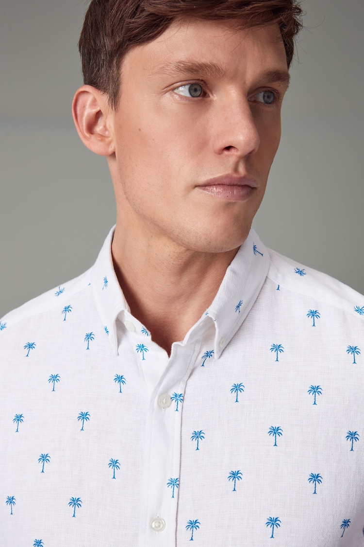 White Linen Blend Printed Short Sleeve Shirt - Image 1 of 8