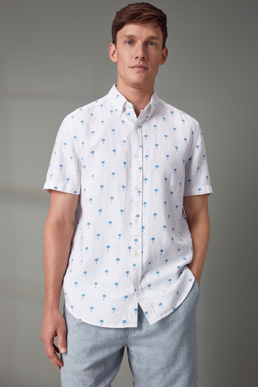 White Linen Blend Printed Short Sleeve Shirt - Image 3 of 8