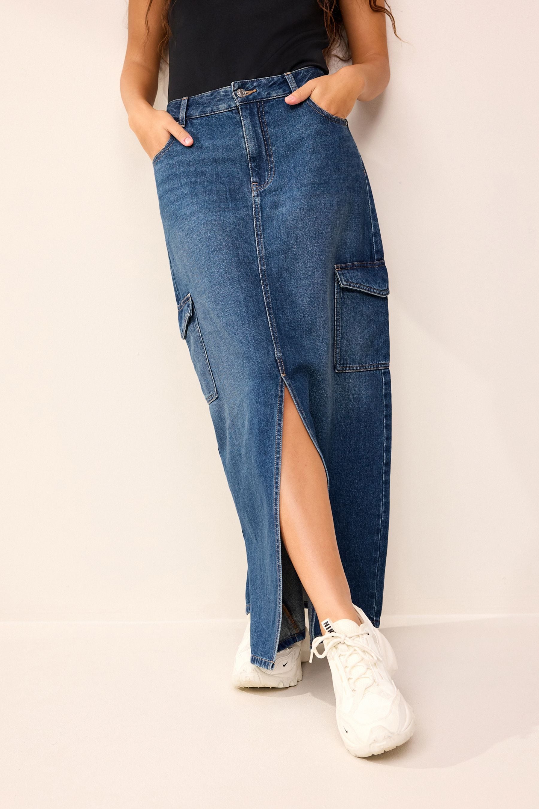 Mid Blue Cargo Denim Maxi Skirt