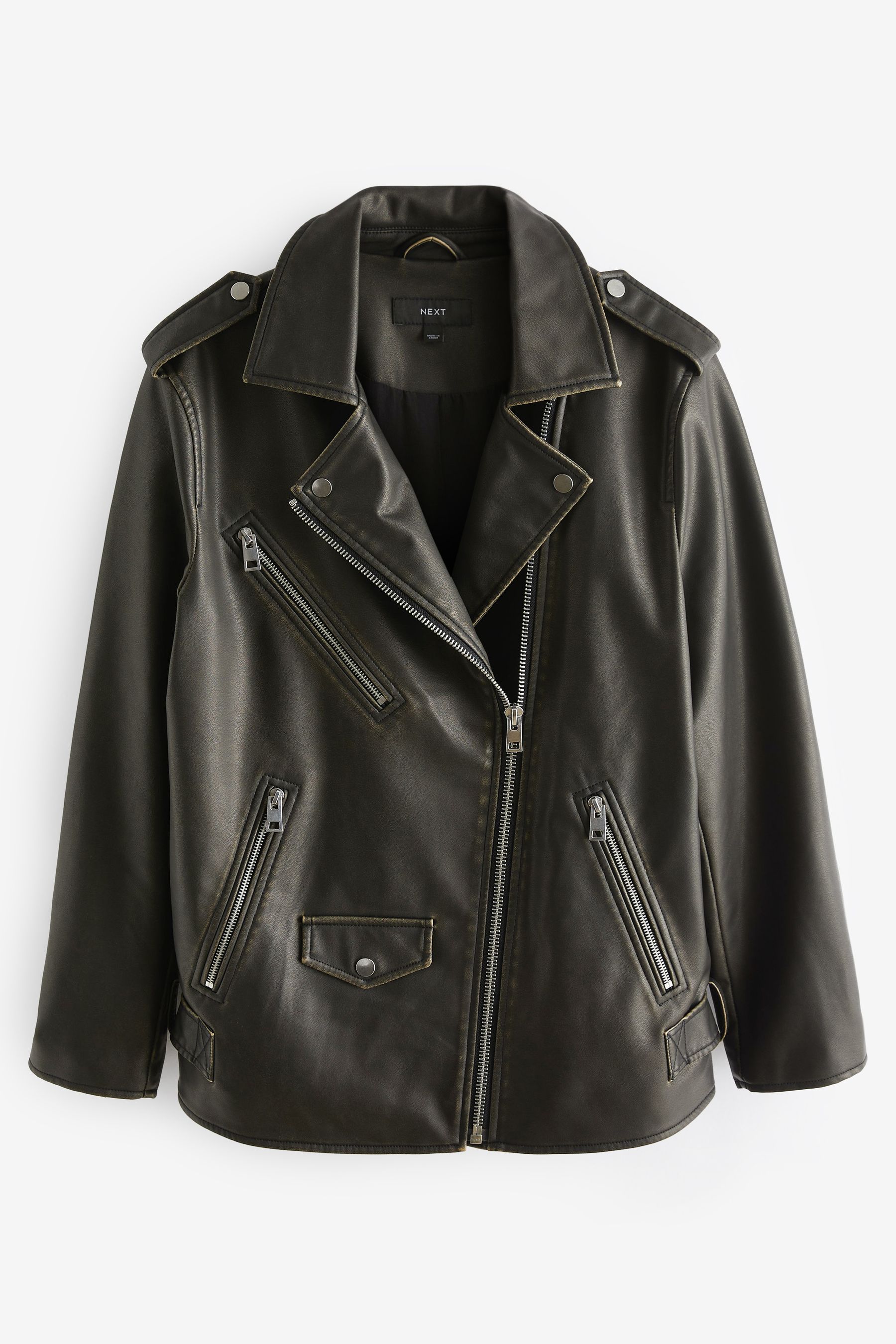 Buy Black Distressed Faux Leather Biker Jacket from Next Luxembourg