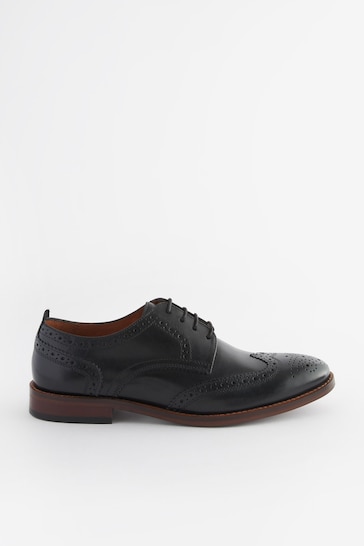 Black Wide Fit Leather Contrast Sole Brogue Shoes