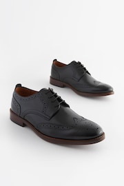 Black Wide Fit Leather Contrast Sole Brogue Shoes - Image 1 of 6