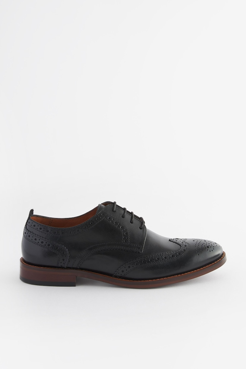 Black Wide Fit Leather Contrast Sole Brogue Shoes - Image 2 of 6