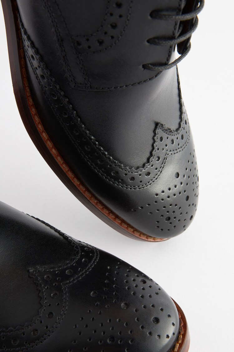 Black Wide Fit Leather Contrast Sole Brogue Shoes - Image 3 of 6
