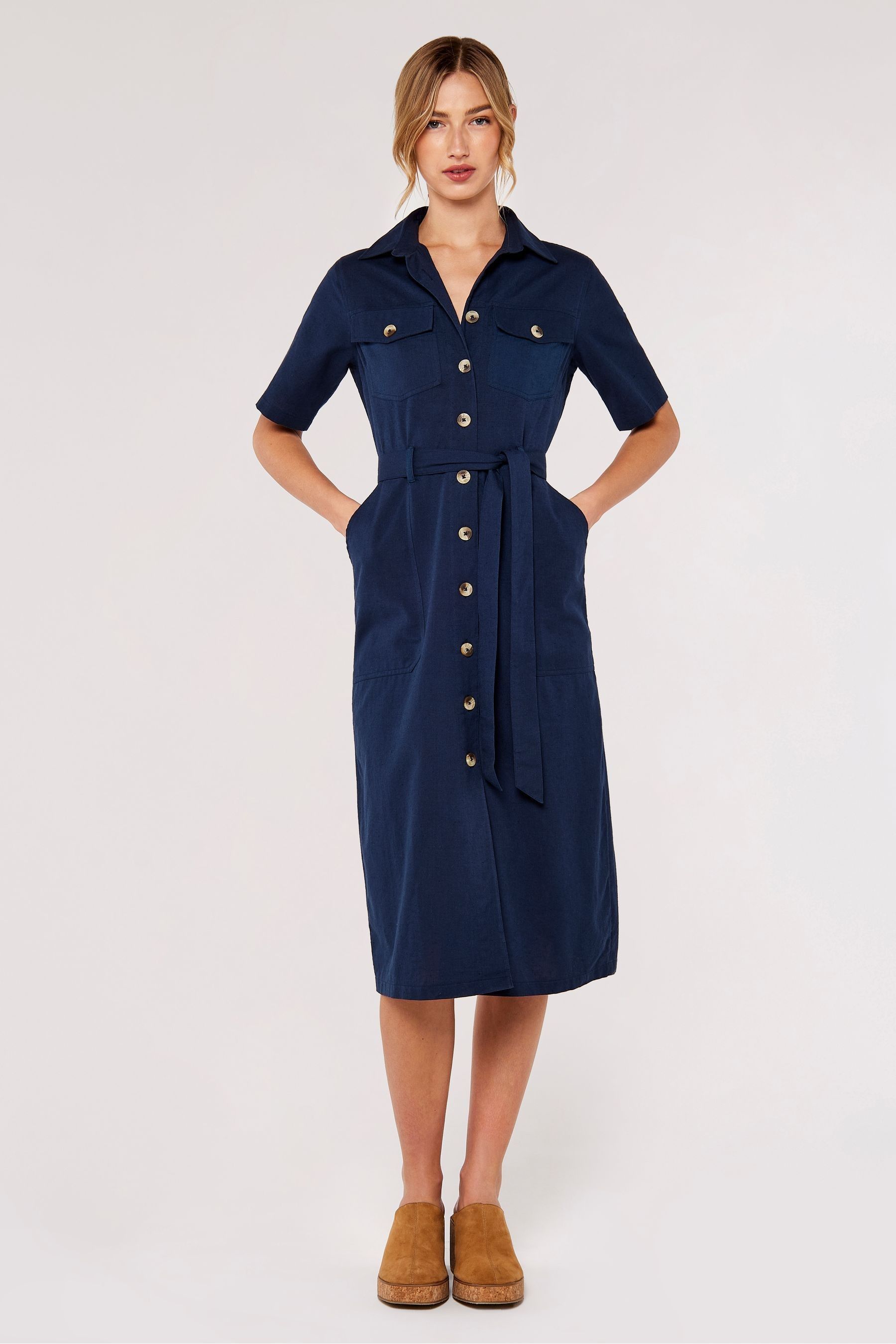 Buy Apricot Navy Blue Linen Safari Dress from the Next UK online shop