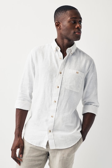 White Standard Collar Linen Blend Long Sleeve Shirt