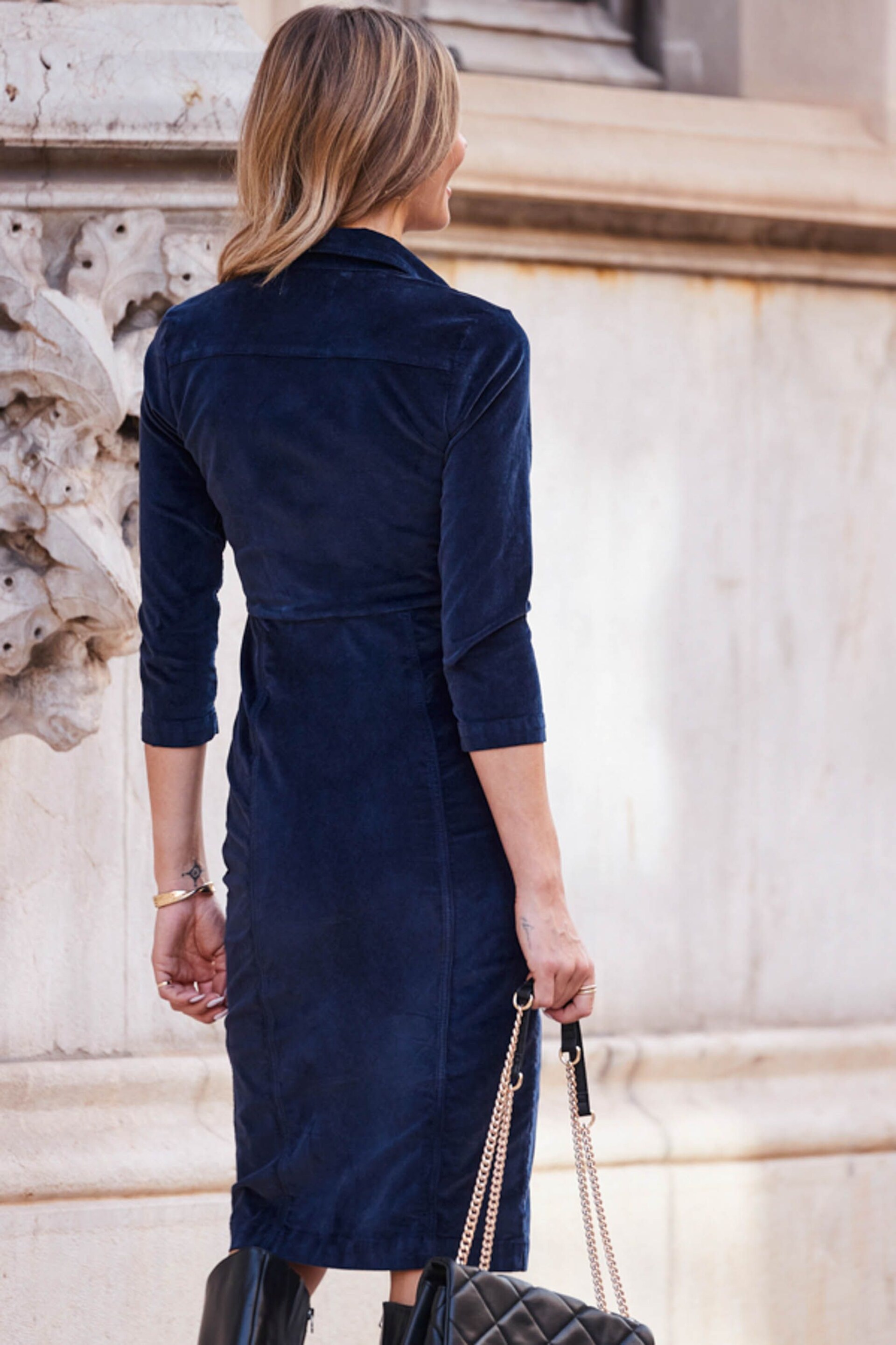 Sosandar Blue 3/4 Length Sleeve Velvet Pencil Dress - Image 2 of 3