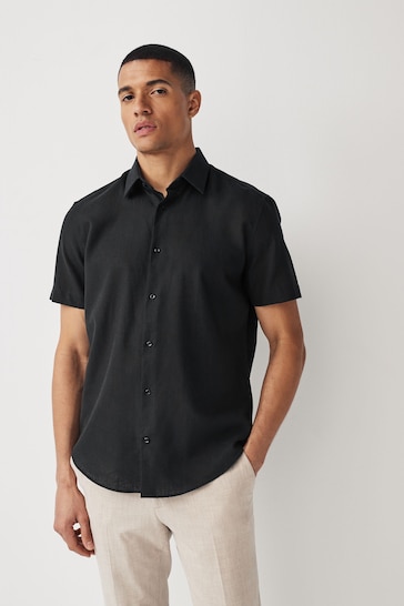 Black Textured Linen Blend Shirt