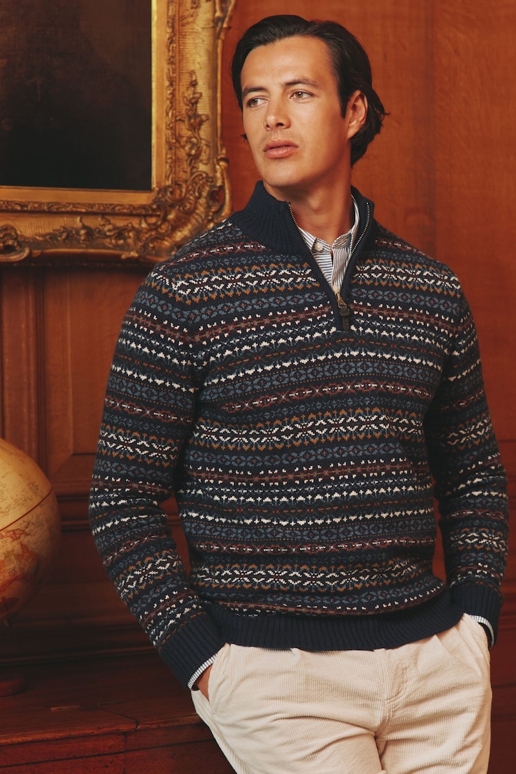 Joules Fair Isle Navy Quarter Zip Knit Jumper Contains Merino Wool - Image 1 of 2