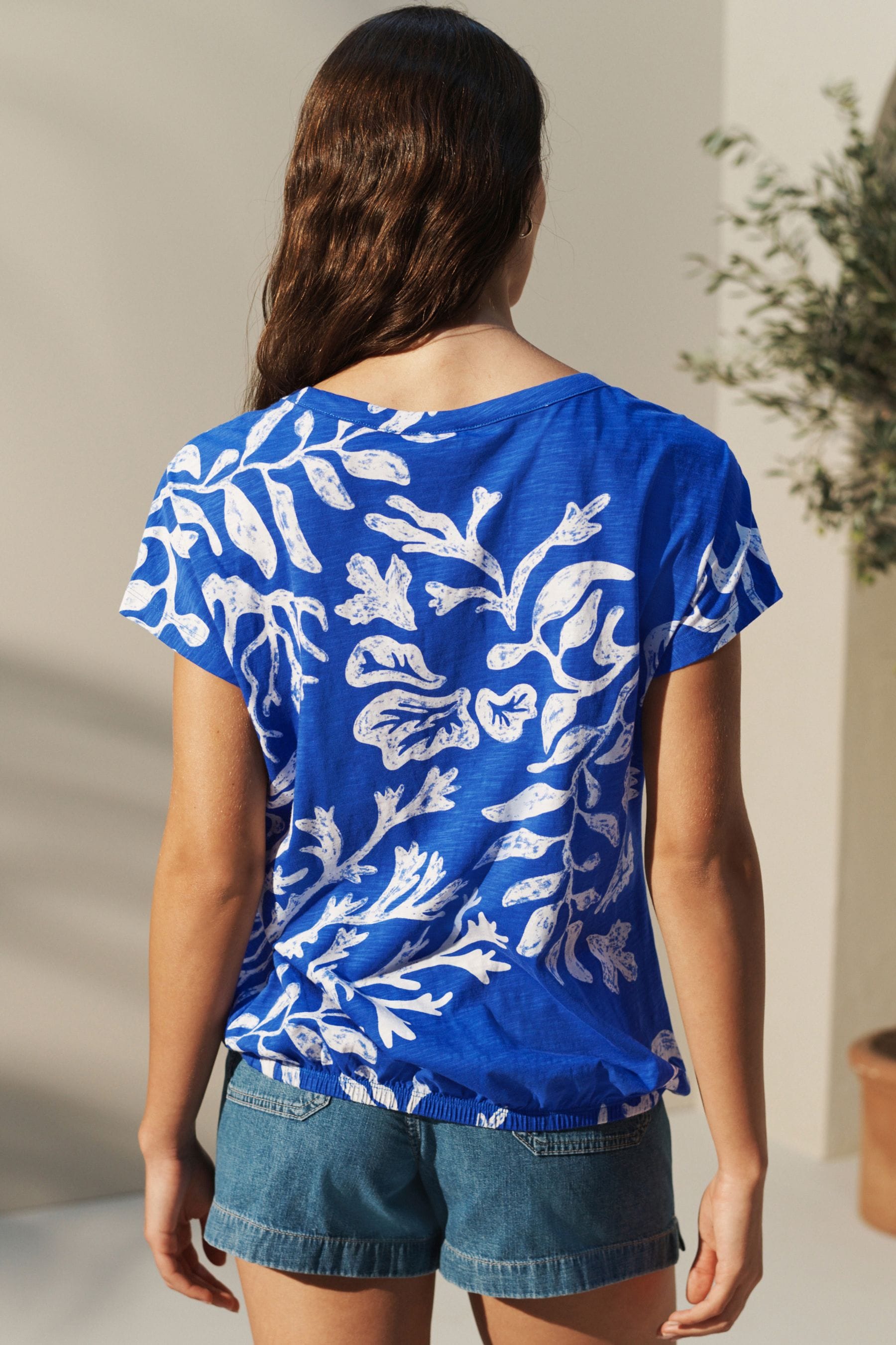Blue White Print V Neck Bubble Hem Top