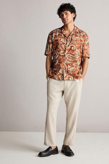 Brown Printed Short Sleeve Shirt With Cuban Collar