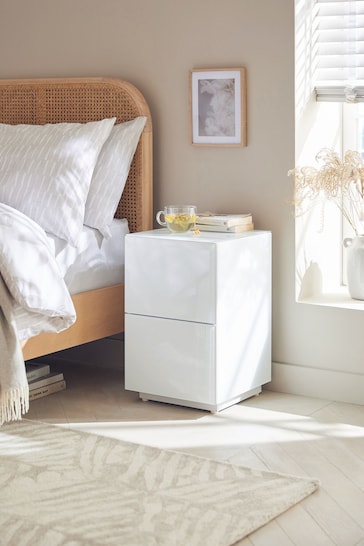 White Sloane Glass Collection Luxe 2 Drawer Slim Bedside Table