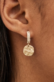 Gold Tone Hammered Coin Drop Pave Hoop Earrings - Image 2 of 3
