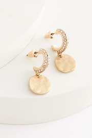 Gold Tone Hammered Coin Drop Pave Hoop Earrings - Image 3 of 3