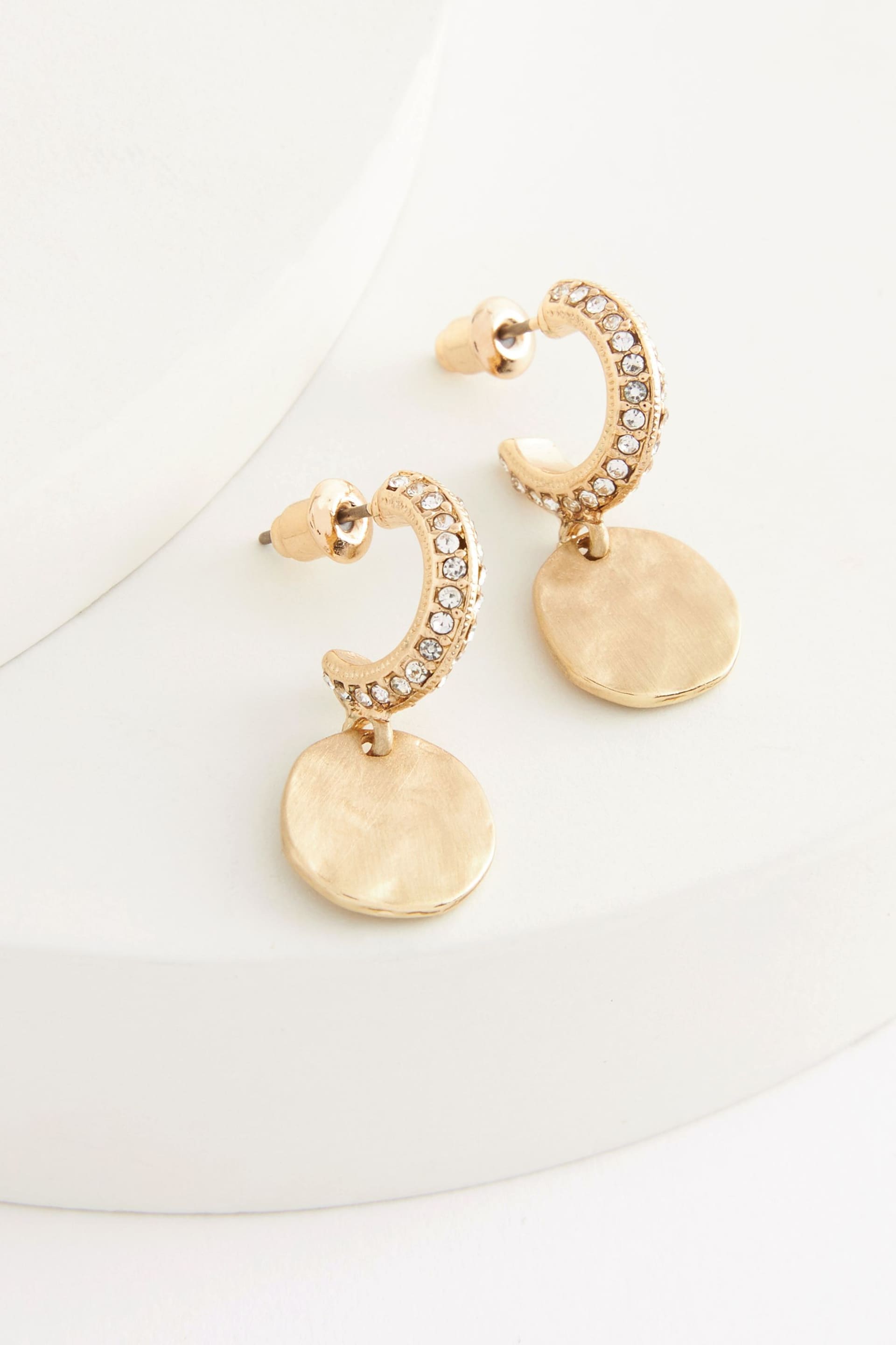 Gold Tone Hammered Coin Drop Pave Hoop Earrings - Image 3 of 3