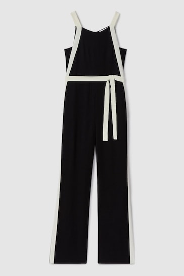 Reiss Black/White Salma Petite Contrast Trim Belted Jumpsuit