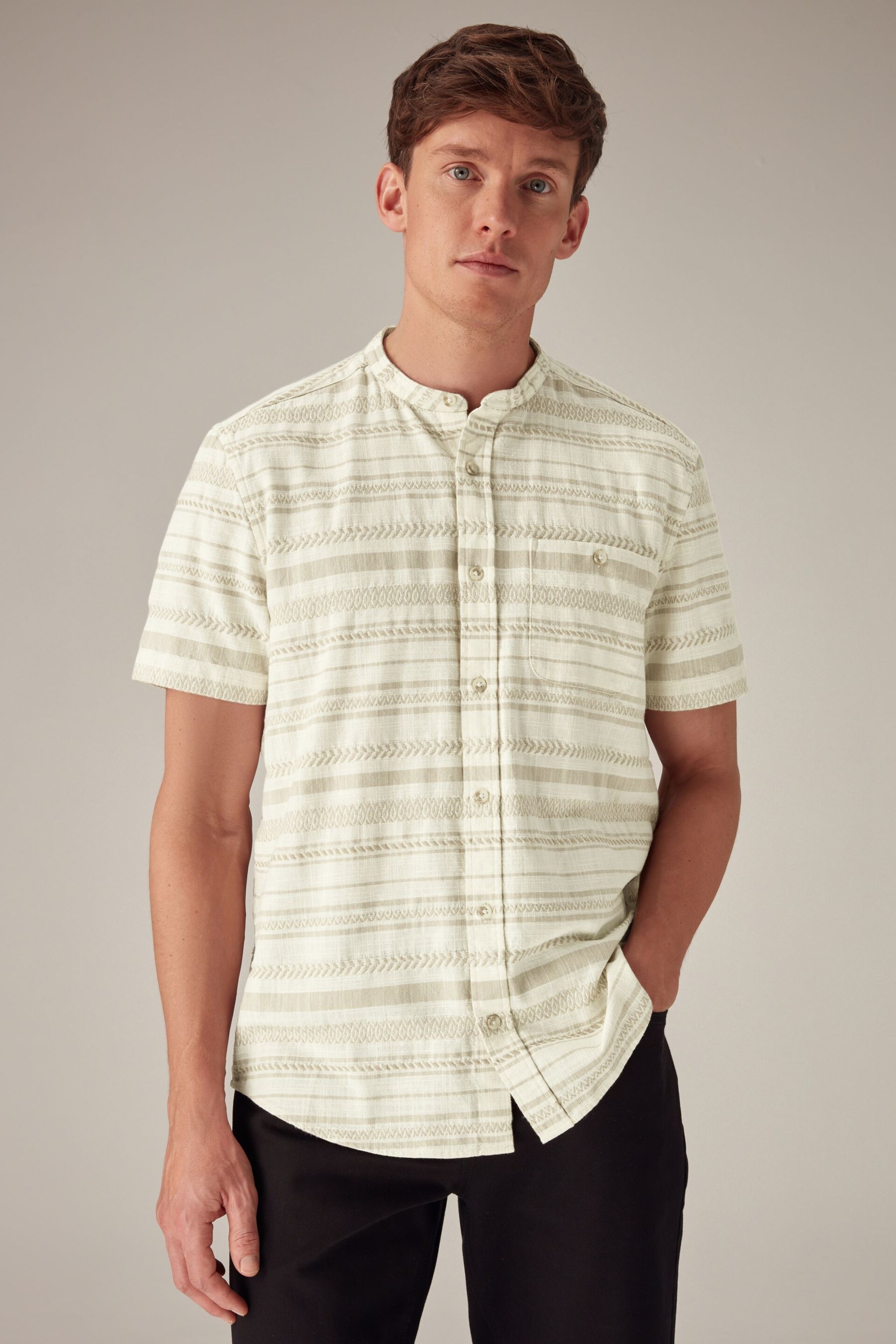 White Textured Horizontal Stripe Grandad Collar Short Sleeve Shirt - Image 1 of 8
