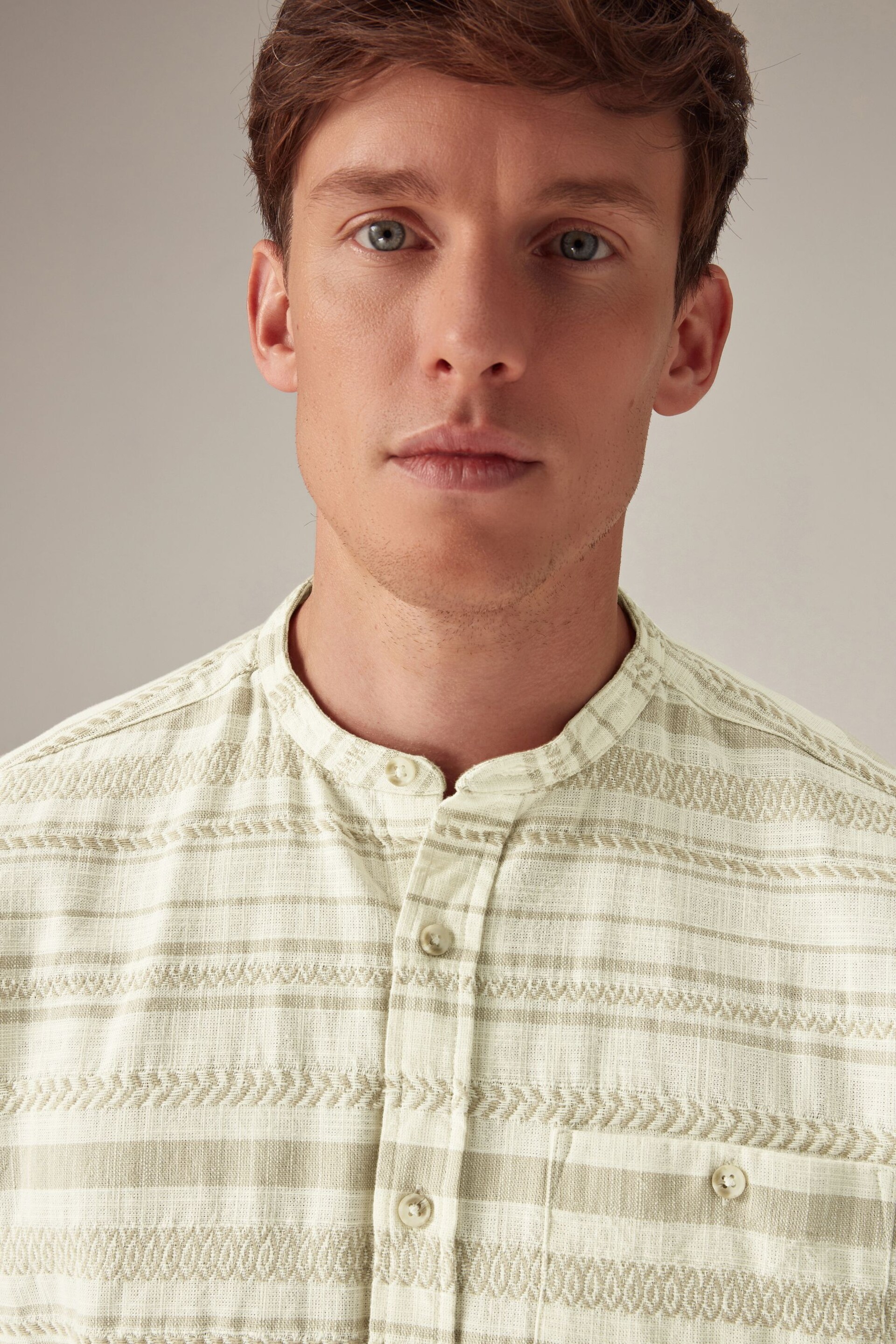 White Textured Horizontal Stripe Grandad Collar Short Sleeve Shirt - Image 4 of 8