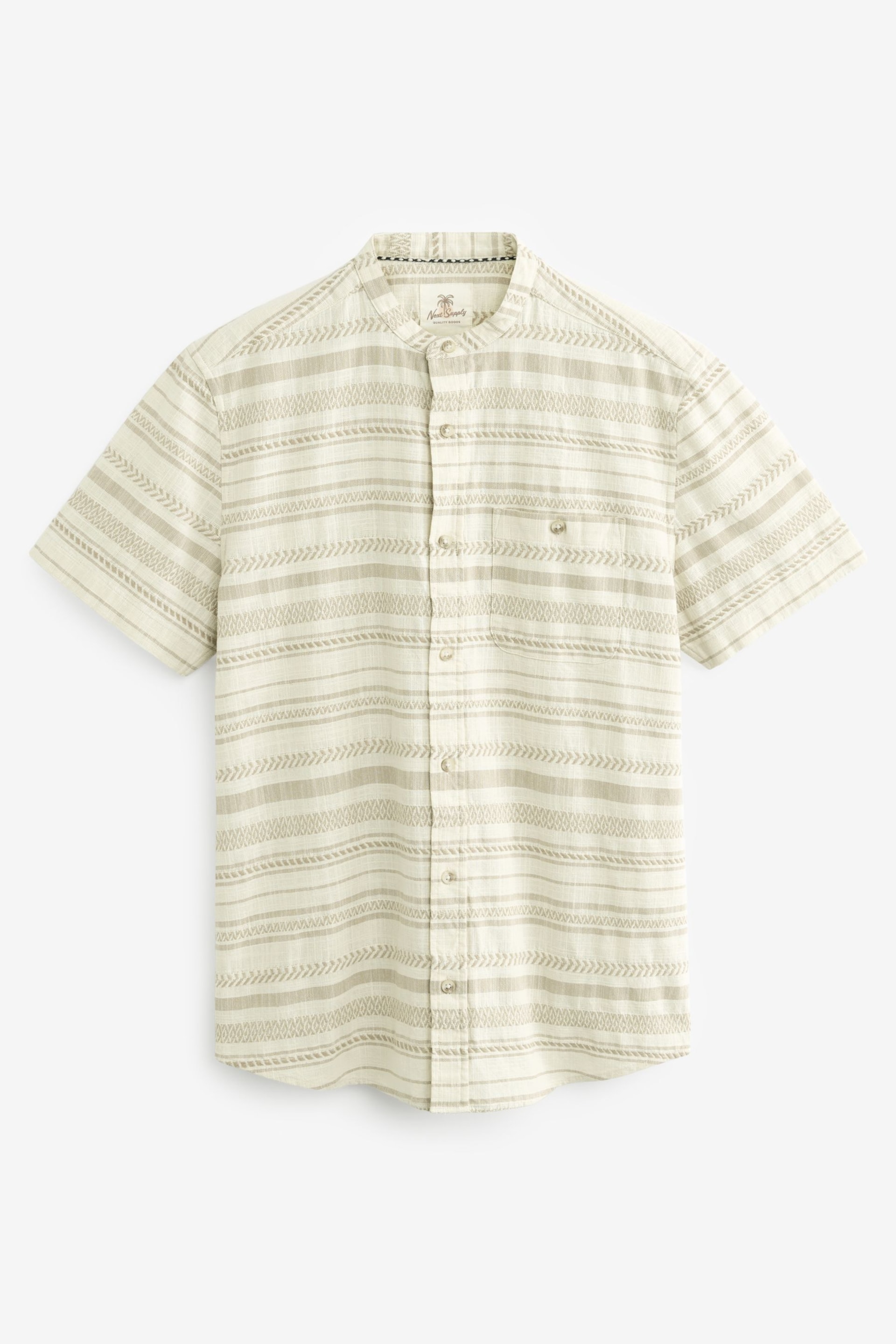 White Textured Horizontal Stripe Grandad Collar Short Sleeve Shirt - Image 6 of 8
