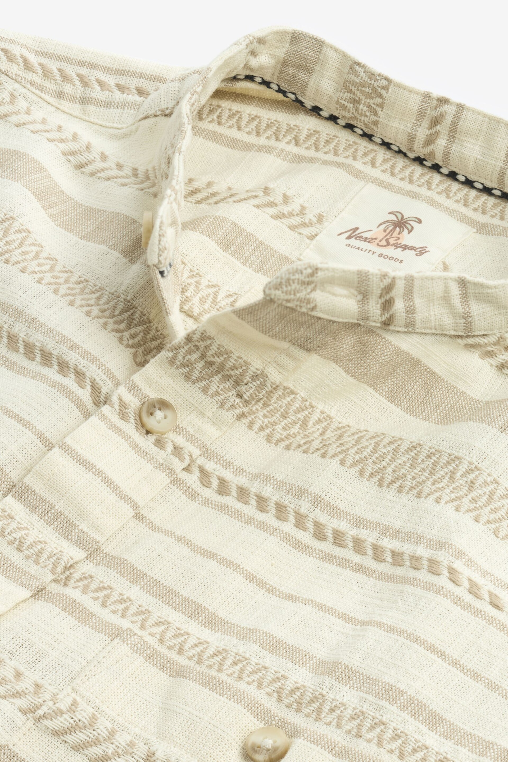 White Textured Horizontal Stripe Grandad Collar Short Sleeve Shirt - Image 7 of 8