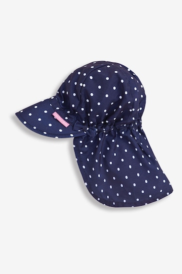 JoJo Maman Bébé Navy White Dot Girls' Dot Frilly Flap Sun Protection Hat