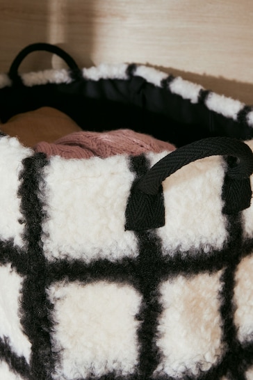 Black and White Fluffy Fabric Check Storage Basket