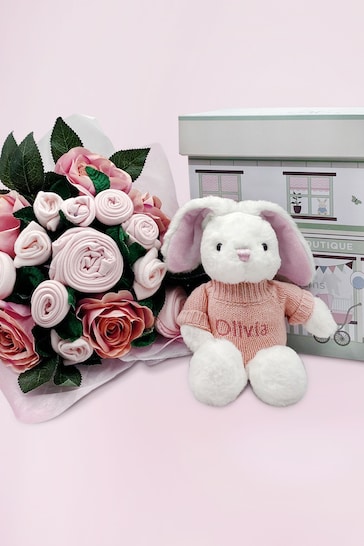 Babyblooms Luxury Pink Bouquet and Personalised New Baby Bunny Soft Toy Gift
