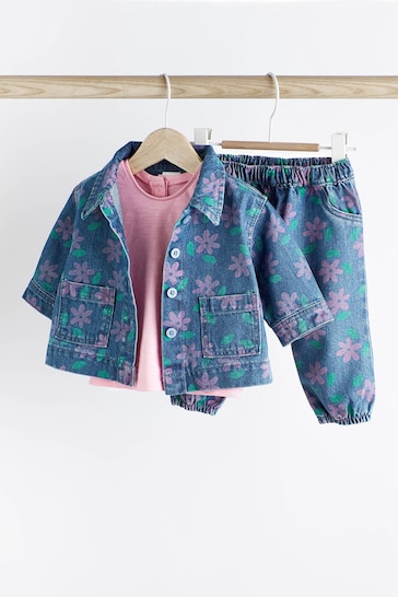 Printed Denim Floral Baby Jacket, Jeans And T-Shirt 3 Piece Set