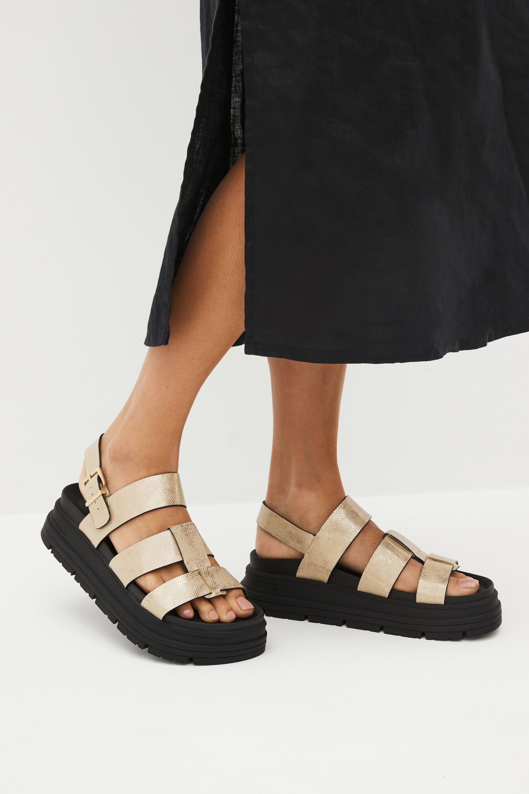 Gold Textured Regular Wide Fit Gladiator Chunky Platform Sandals