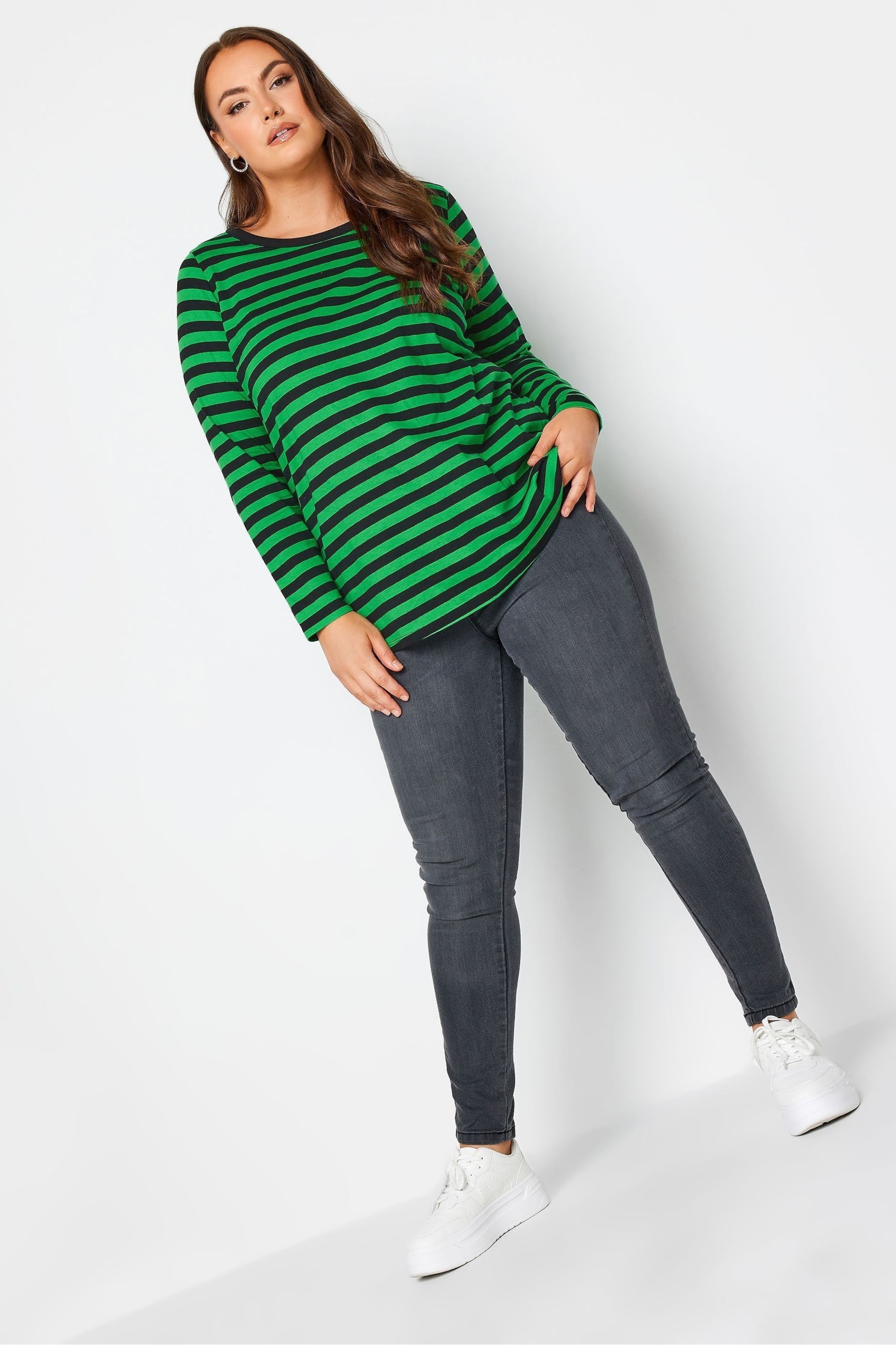 Yours Curve Dark Green Longsleeve Stripe T-Shirts 2 Packs - Image 4 of 5